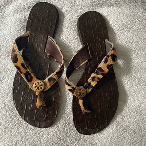 Tory Burch Thora Brown and Tan Leopard Calf Hair Flip Flops